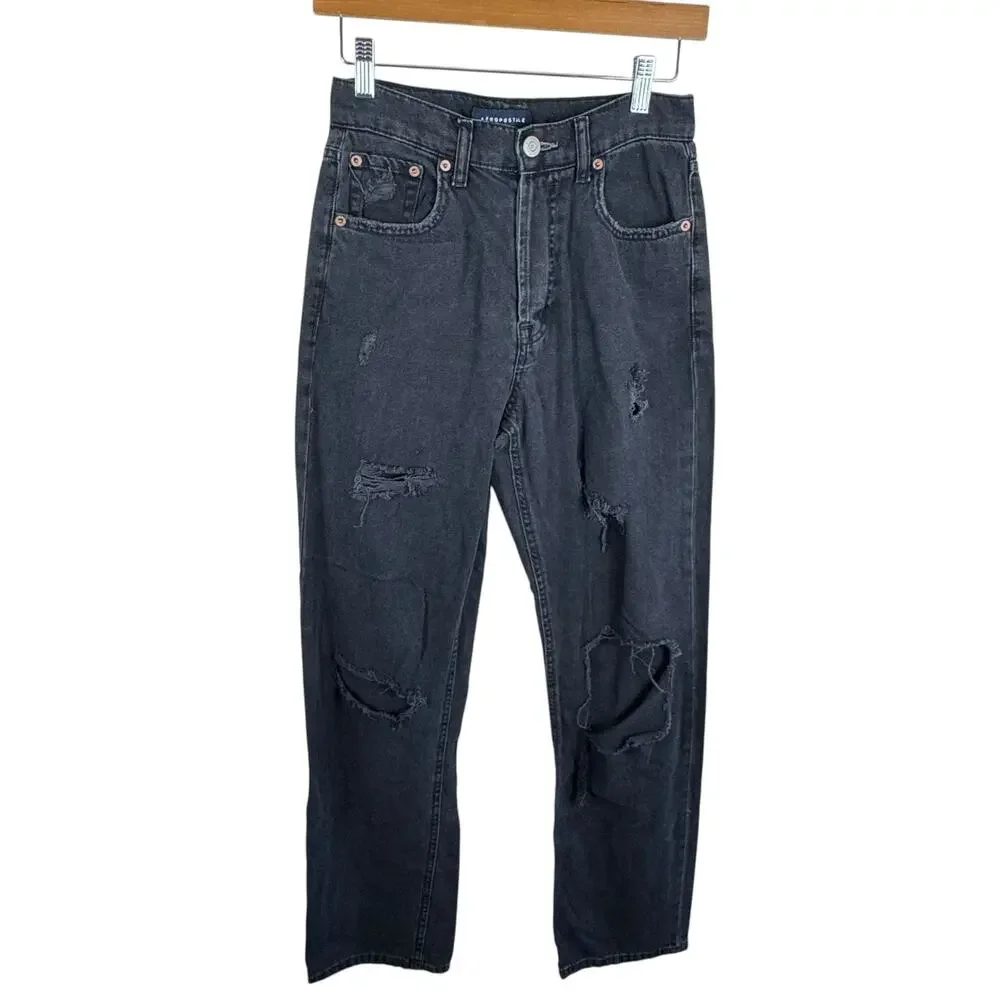 Aeropostale 90s Baggy Black Cotton High Rise Distressed Button Fly Jeans Retro 4